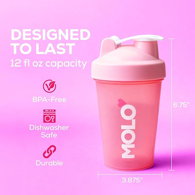 Shaker Bottle with Stainless Steel Mixer Ball, BPA and Phthalate Free, Dishwasher Safe, Leak Proof Lid, For Protein, Pre Workout, & other Supplements (Pink)