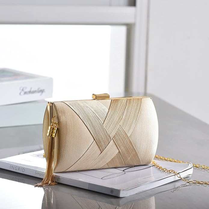 Gold Pleated Satin Evening Clutch