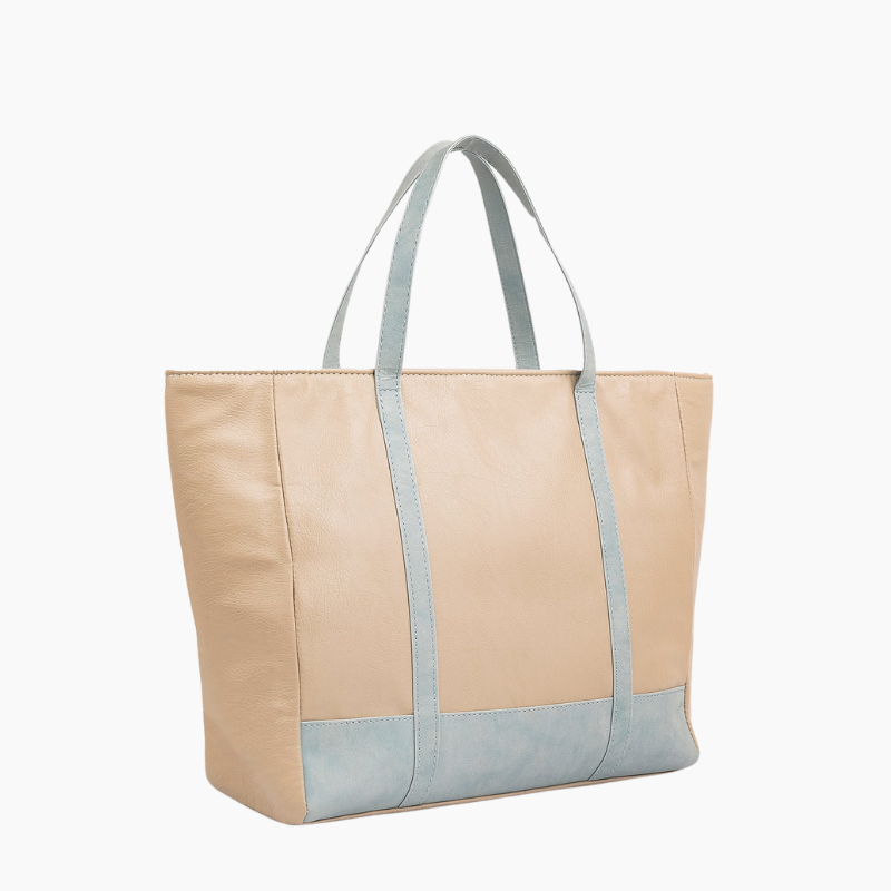 Classic Beige Tote Bag with Light Blue Accents