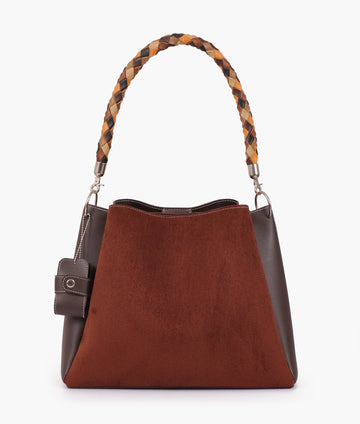 Dark brown suede handbag with braided handle